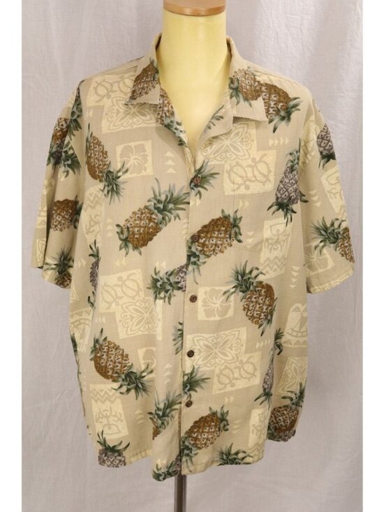 Winnie Fashion Other - Grandpacore Aloha Hawaiian Shirt Men 2XL Tan Pineapple Honu Hibiscus Tapa VTG 90